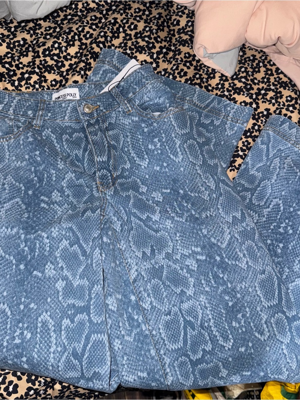 Princess Polly Blue Snake-Print straight leg jeans mid rise